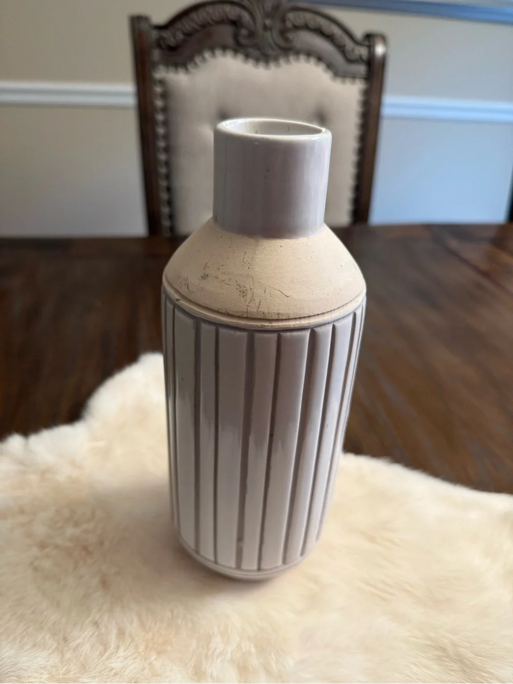 West Elm Art Pottery Vase 9” | Ribbed Ceramic | White/Gray | Home Decor